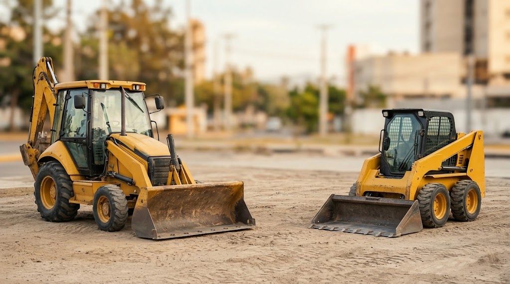 Una retroexcavadora y un minicargador sobre un terreno de tierra
